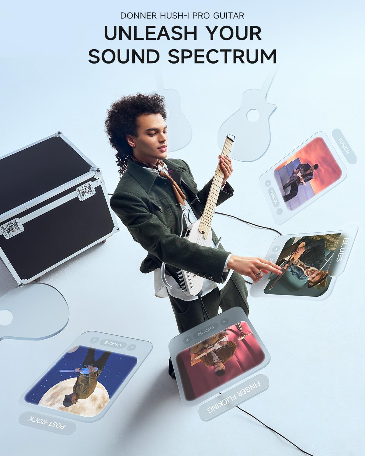 Acoustic Electric Guitar Travel Guitar with Multiple Effect Modes Smart Guitarra Kit, White and Mini Guitar Amp Small Electric Amplifier 5W Portable