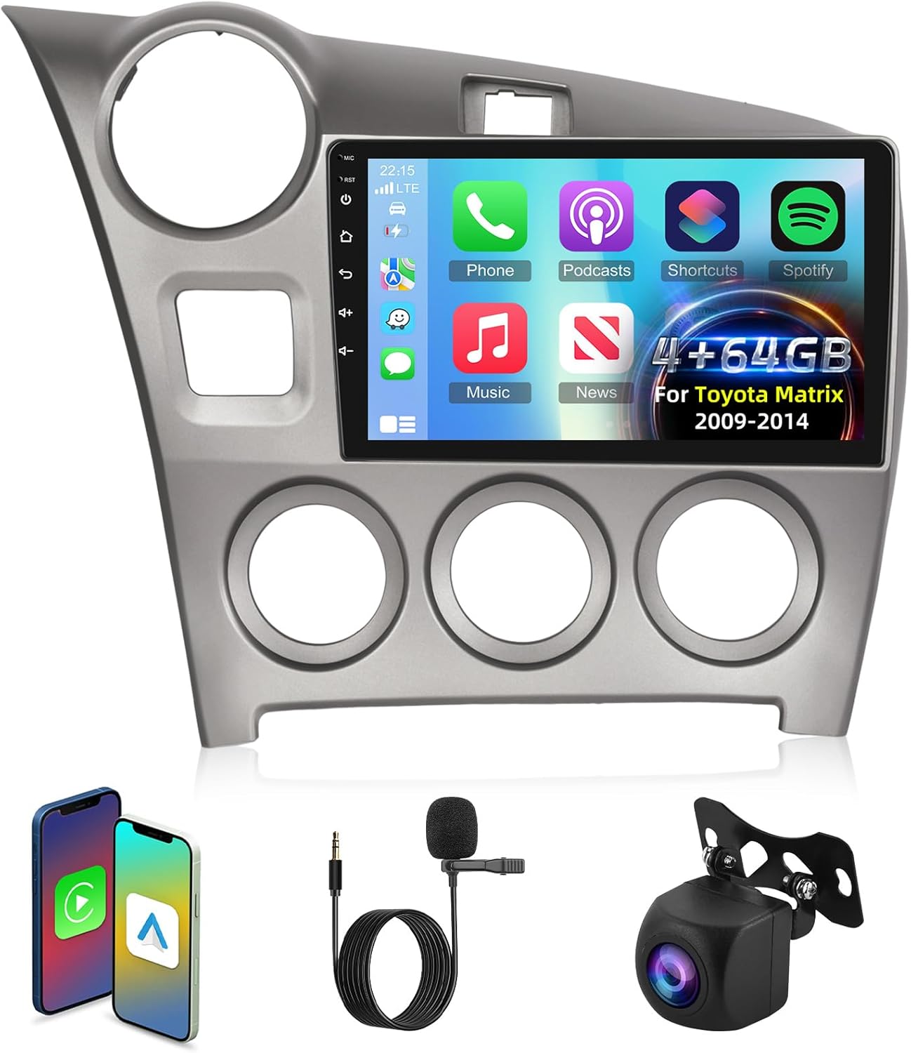 [4+64G] NHOPEEW for Toyota Matrix 2009-2014 Car Stereo with Wireless Carplay and Android Auto - 9 Inch Touchscreen Android Car Radio - DSP/WiFi/GPS Navi/SWC/Bluetooth + AHD Backup Camera