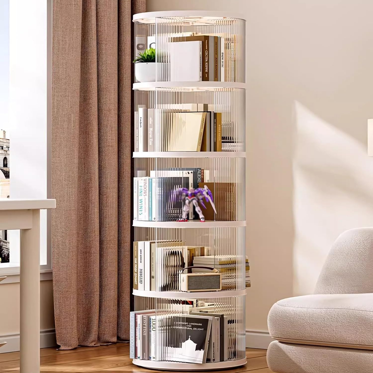 Rotating Bookshelf, Spinning Book Tower Swivel Bookcase, Round Book Shelf, for Small Space Freestanding Corner Bookcase for Playroom Bedroom Living Room(White 2,102cm/40.1in)