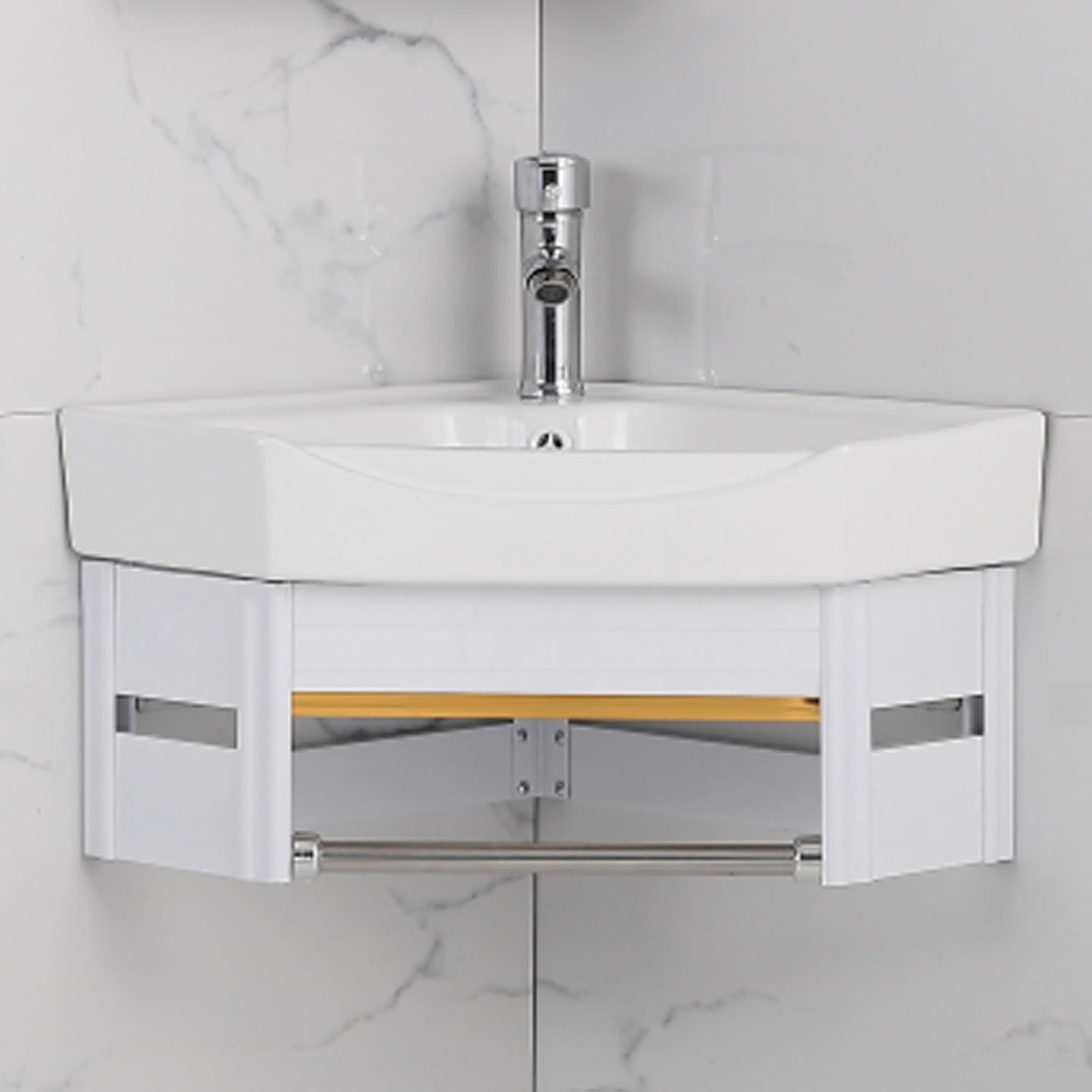 Corner Wall Mount Bathroom Sink, Corner Bathroom Vanity, Ceramic Vessel Sink with Towel Bar, Ceramic Corner Sink, Bathroom Vanity for Bathroom, Balcony, Guest Room(38cm/14.9in)