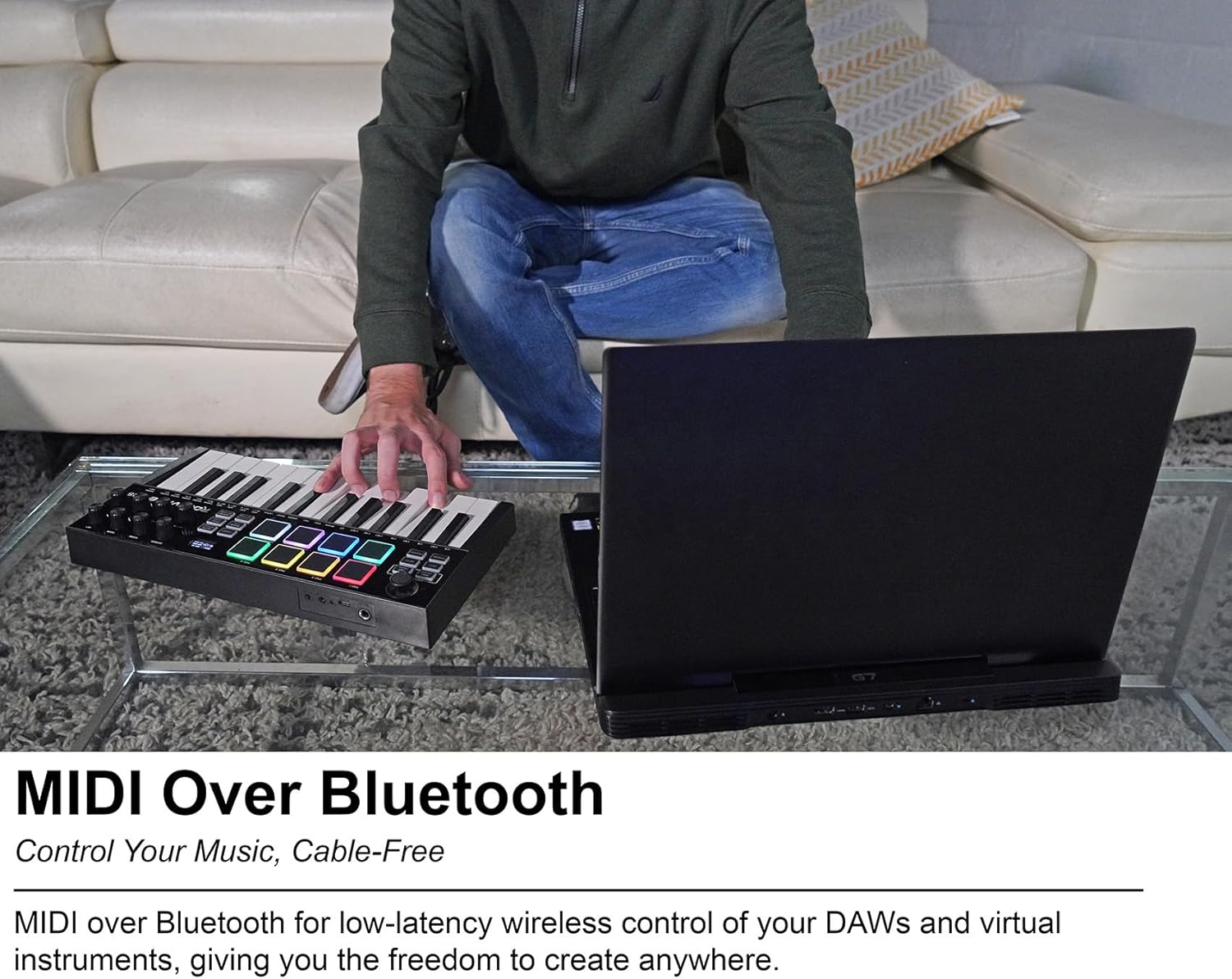 Rockville M25 BLACK 25 Key USB Wireless MIDI Keyboard Controller, Bluetooth, 8 Pads and Knobs, Joystick, Arpeggiator, Compact, for Music Production