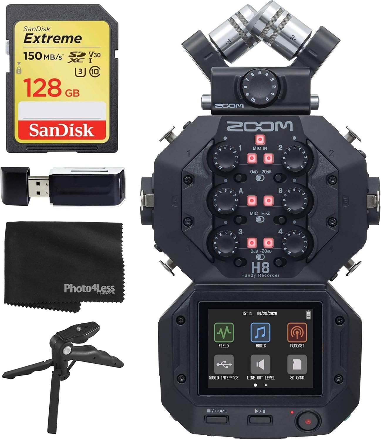 Zoom H8 8-Input / 12-Track Portable Handy Recorder for Podcasting, Music, Field Recording + 128GB Memory Card + SD Card Reader + Table Tripod Hand Grip – Top Value Accessory Bundle