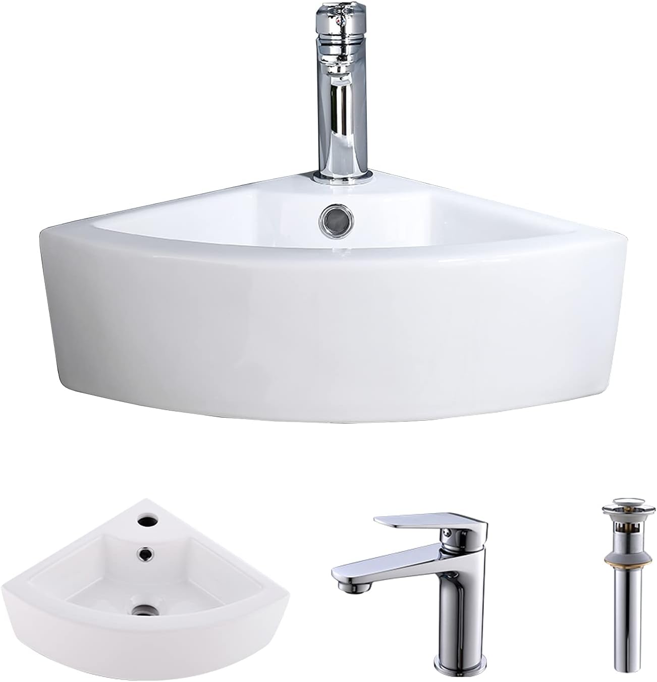 Small Corner Wall Mount Bathroom Sink and Faucet Combo - VOKIM White Porcelain Ceramic Above Counter Mini Vanity Vessel Sink with Chrome Faucet and Pop-up Drain Combo