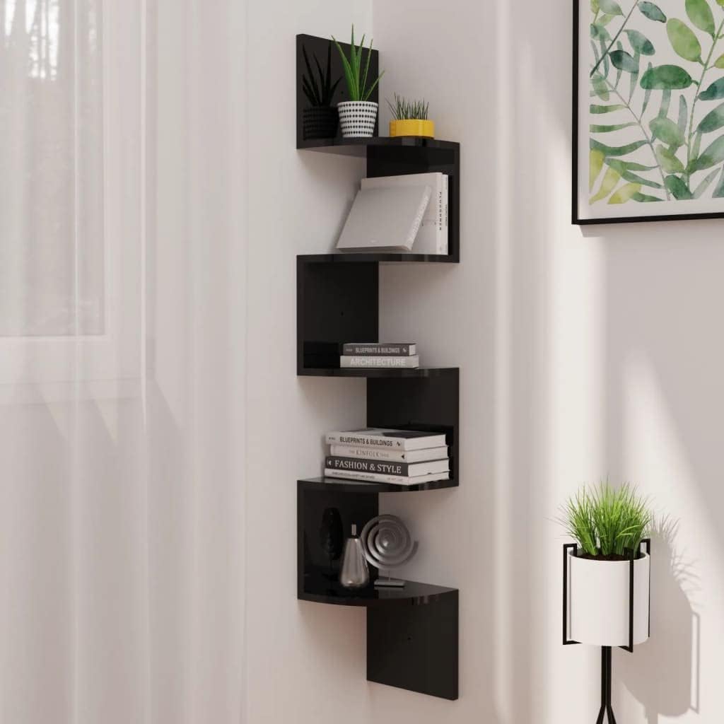 Black High-Gloss Corner Floating Shelf 7.5x7.5x48.4 in Tall Narrow Wall Mount Display Ladder for Living Room Bedroom Bathroom Modern Storage Decor