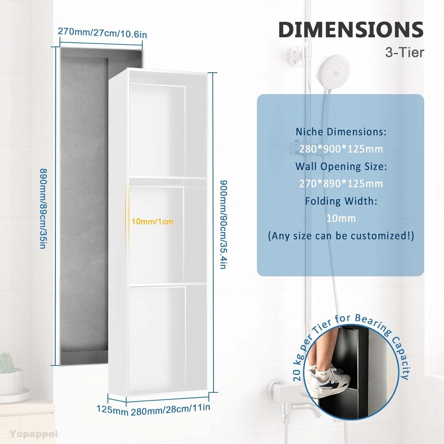 Shower Recessed Shelf 304 Stainless Steel, Waterproof Bathroom Niche Tile Ready Organizer Shelf, Wall Mount Bathroom Shower Storage(90cmx28cmx12.5cm)