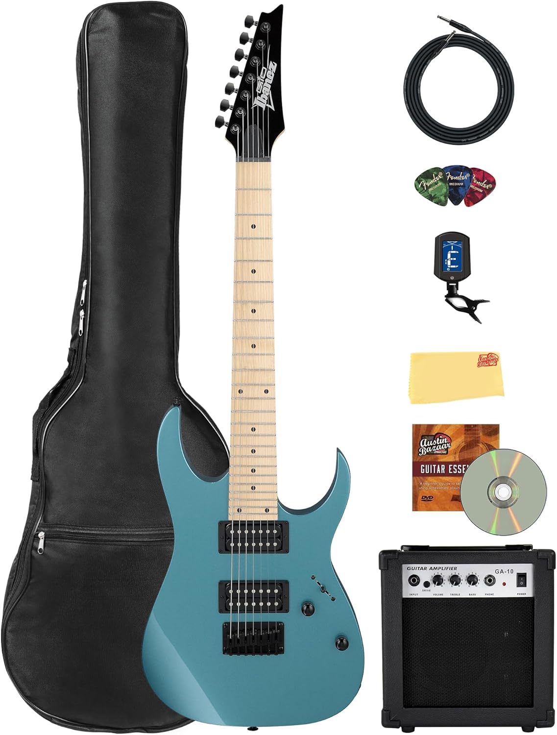 Ibanez GRG7221M RG Gio 7-String Electric Guitar - Metallic Light Blue Bundle with Amp, Gig Bag, Tuner, Instrument Cable, Picks, Austin Bazaar Instructional DVD, and Polishing Cloth