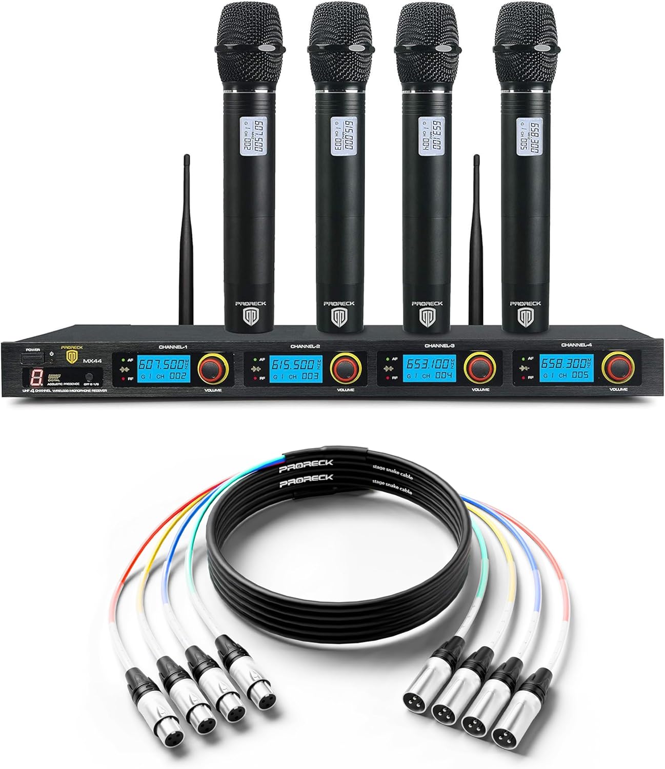 PRORECK MX44 4-Channel UHF Wireless Microphone System with 20ft Snake Cable, 4-Channel Shielded Audio Cable XLR Male to XLR Female, with Color-Marked Connectors