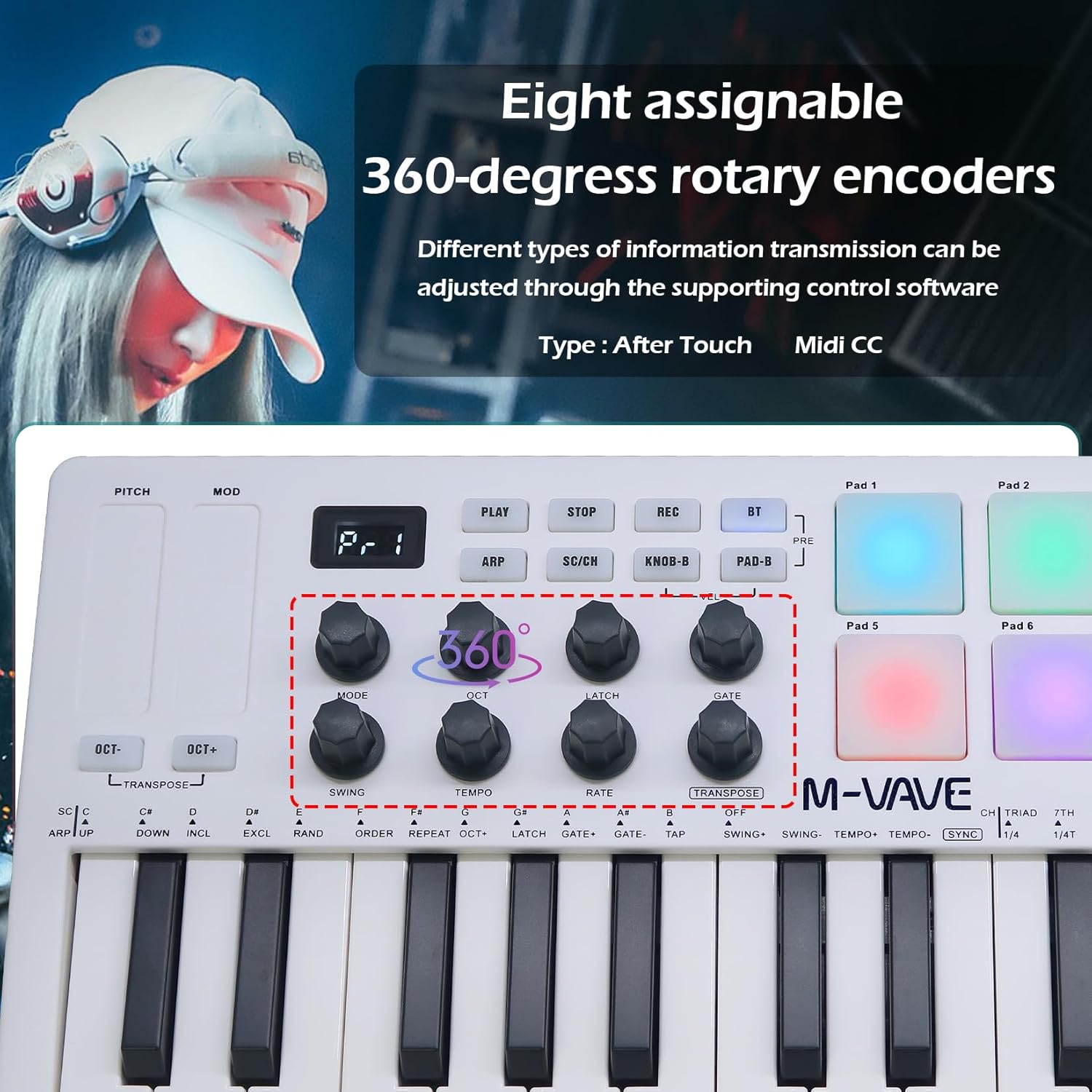 M-VAVE 25 Keys 8 Backlit Drum Pads MIDI Keyboard – Professional Beat Maker and Keytar for Keyboard Music Production Builtin Battery Wireless Connect White