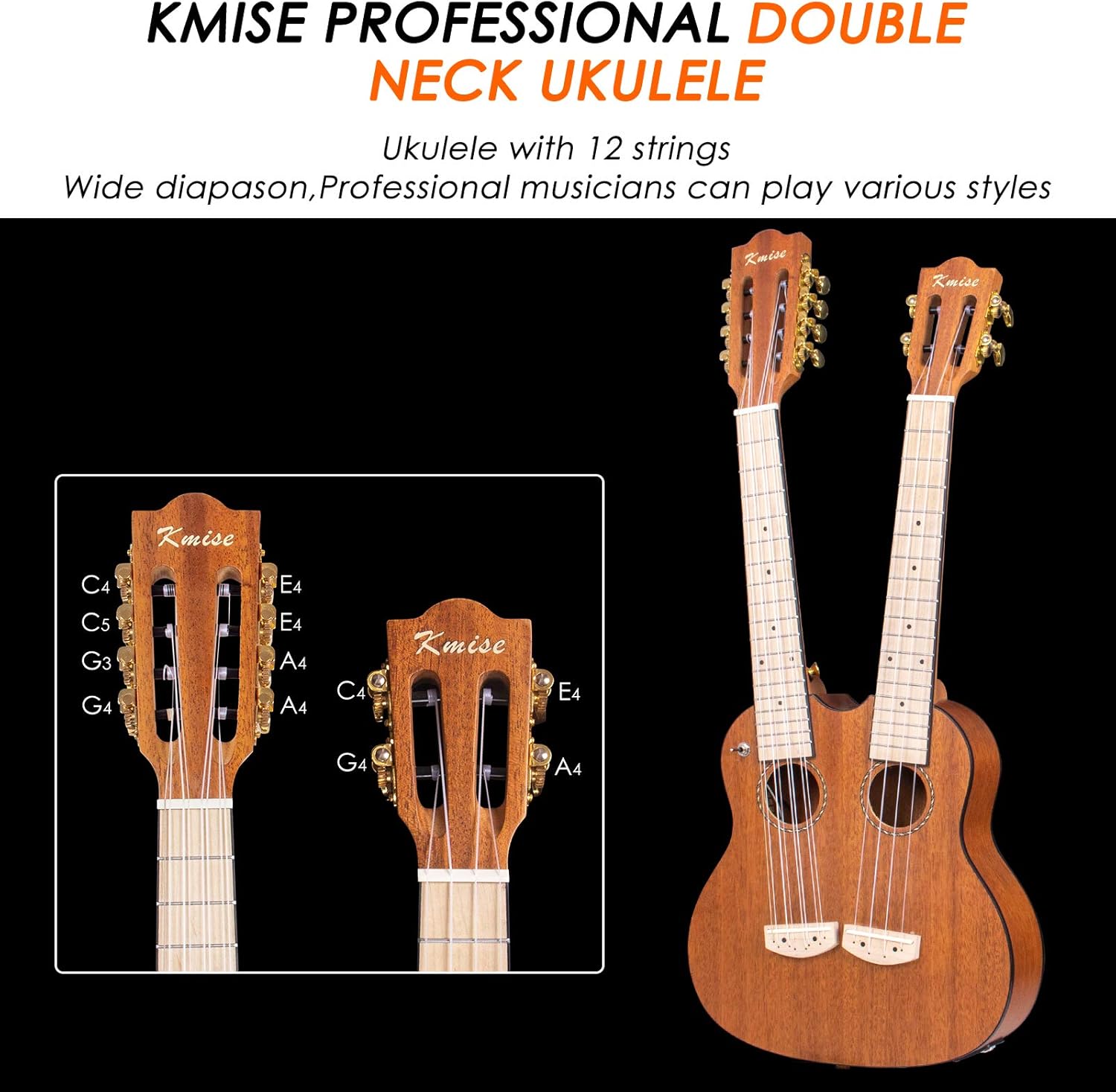 Double Neck/Headstock Ukulele,Kmise Electric Tenor Ukulele,Custom Made Ukelele for Professionals,4&8 String Mahogany Instrument with Gig Bag