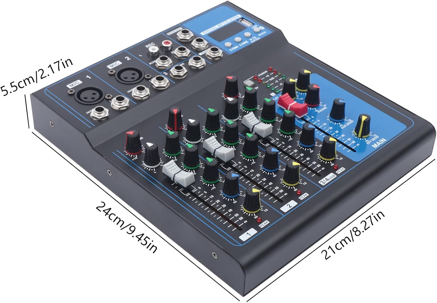 4 Channel Professional Wireless DJ Audio Mixer, USB Bluetooth Audio Stereo Speaker Home Audio Receiver Effects, 48V phantom Power for Home Theater System, Karaoke, Streaming