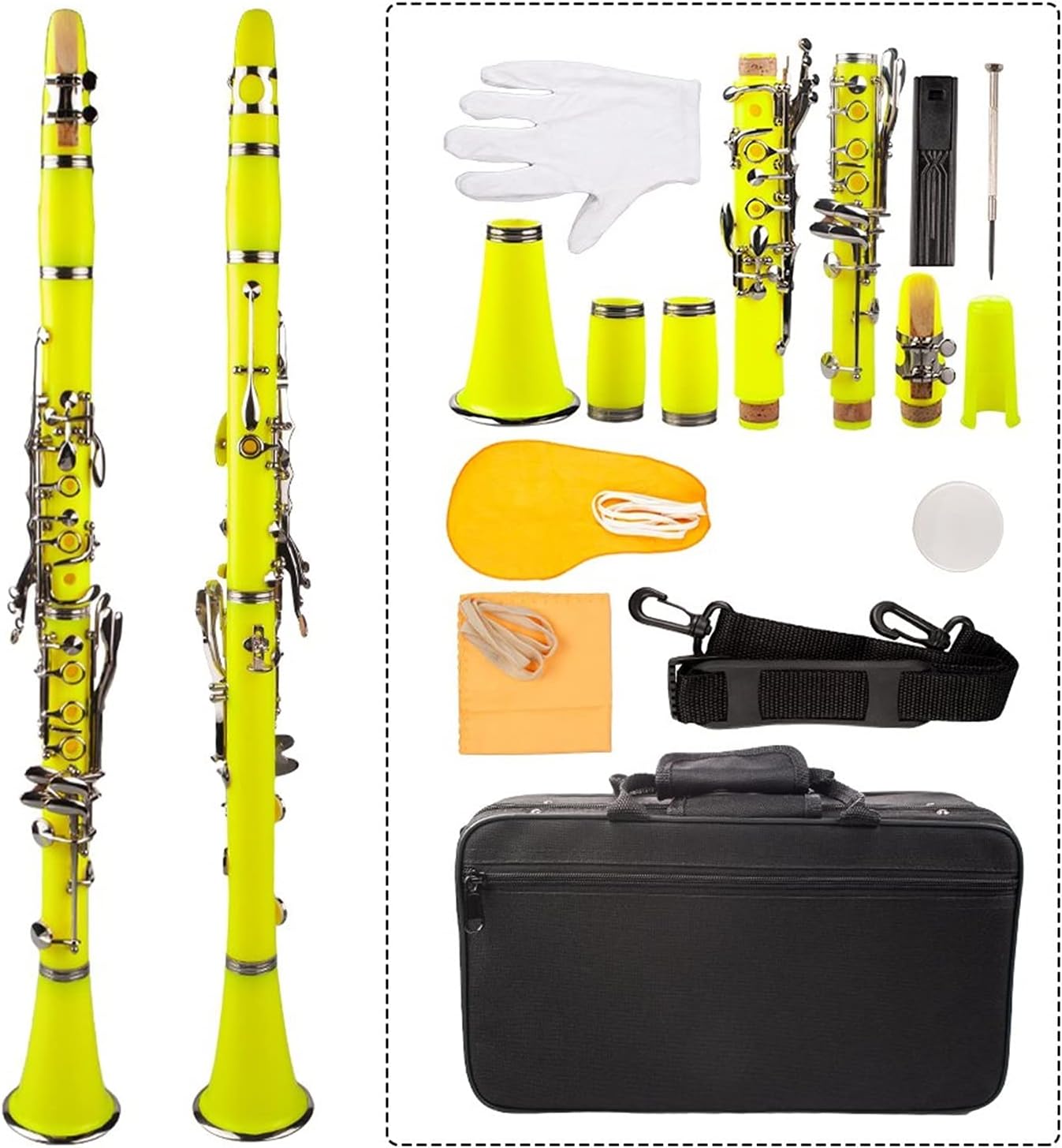 Standard Clarinet Yellow ABS Clarinet Bb Cupronickel Plated Nickel 17 Key with Cleaning Cloth Gloves Woodwind Instrument Beginner Clarinet