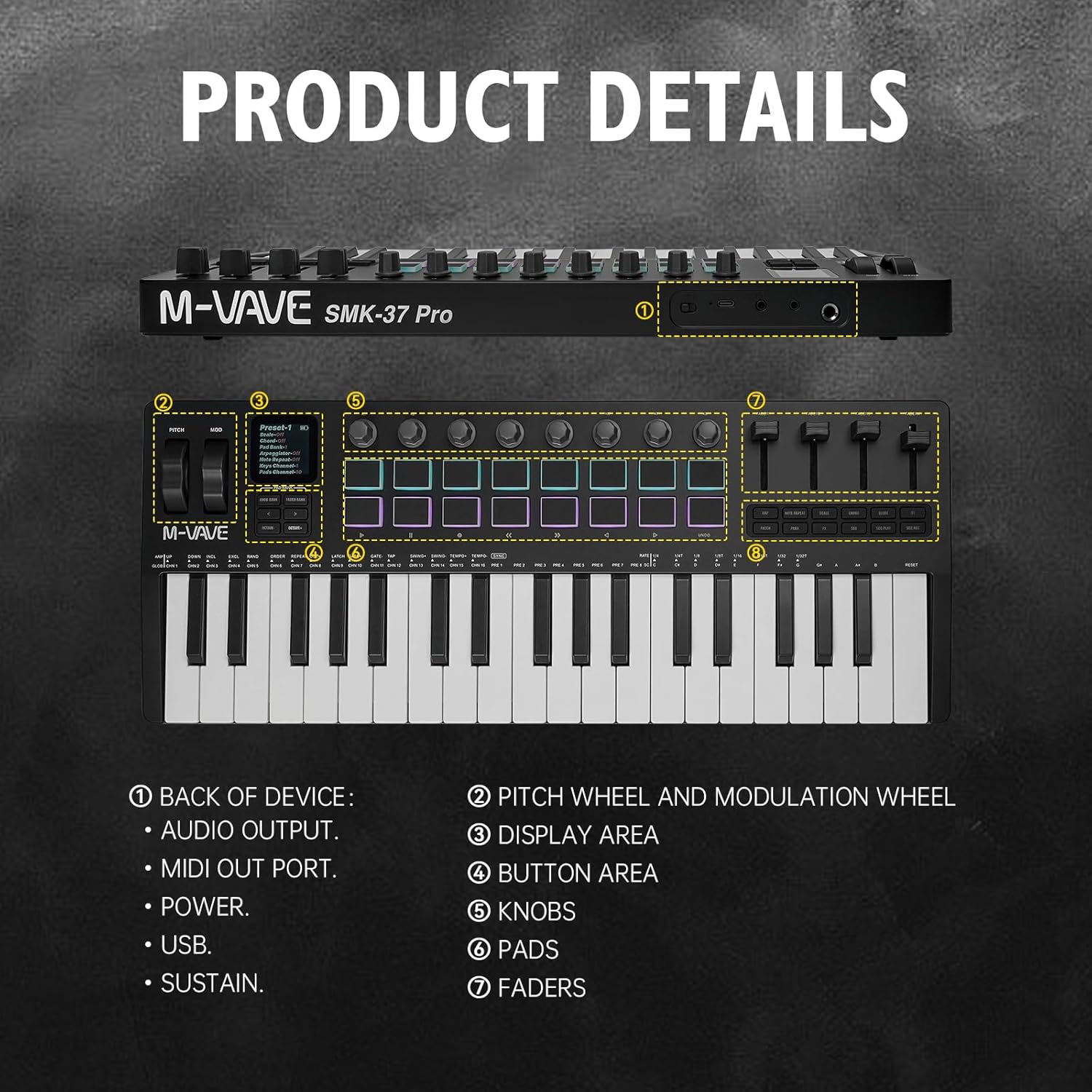 M-VAVE MIDI Keyboard Controller 37-Key 16 Backlit Drum MPC Pads, 8 Knobs，DAW Integration Arpeggiator DAW Software USB/Wireless Connection Professional Music Production Display Screen