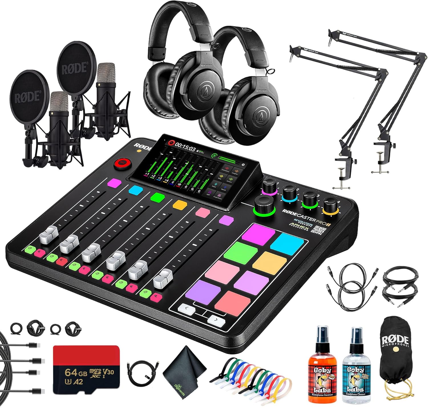 RODE RODECaster Pro II + 2x Studio Headphones + 2x RODE NT1 5th Gen Podcast Microphone + 64GB Micro SD Memory Card + 2 x Mic Arm Stand + Cable Ties + Replacement Cables + More (Bundle)