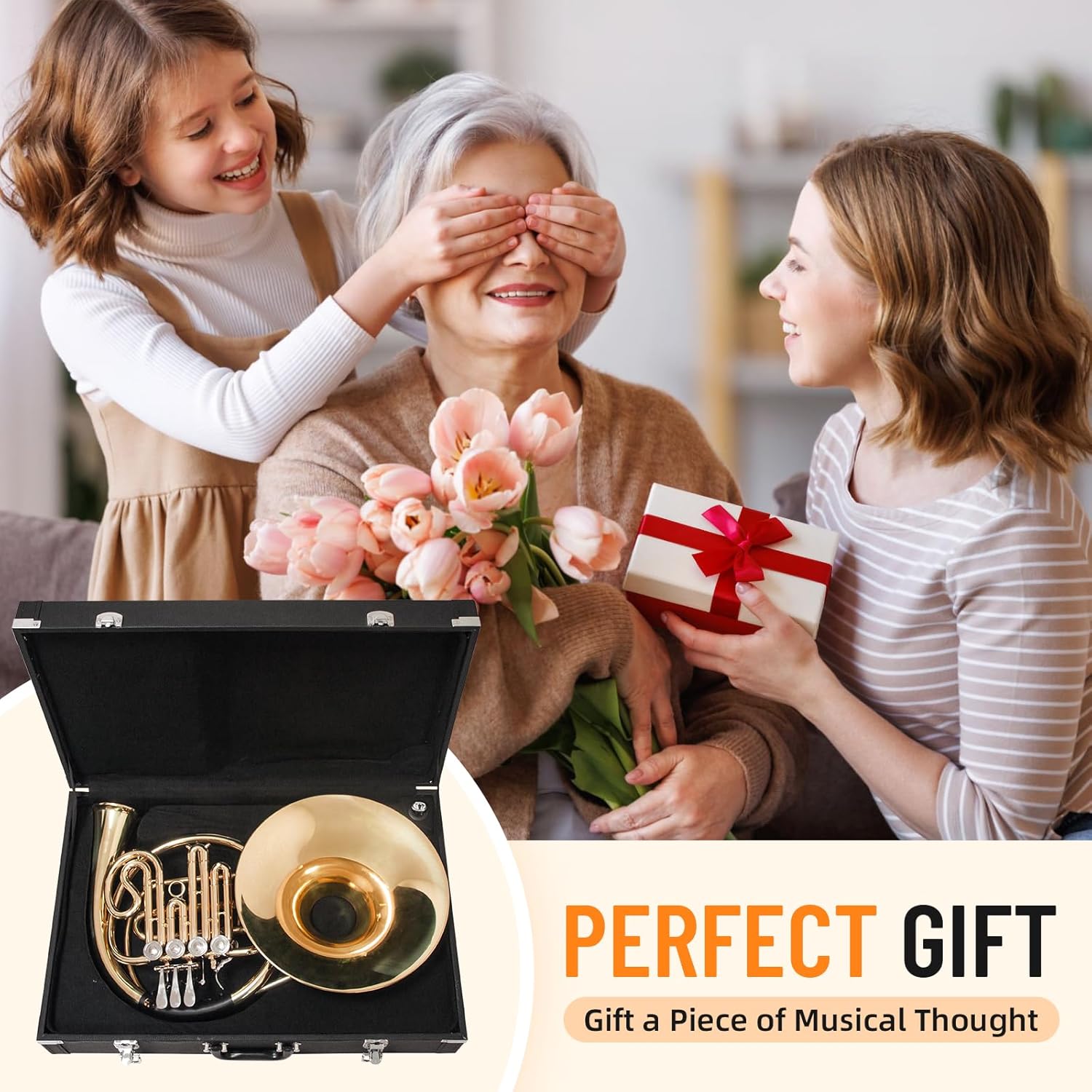 B Flat 4 Key Single Row French Horn - Brass Lacquer Gold Craft French Horn - Includes Musical Instrument Box For Beginners Examinations Professional Performance