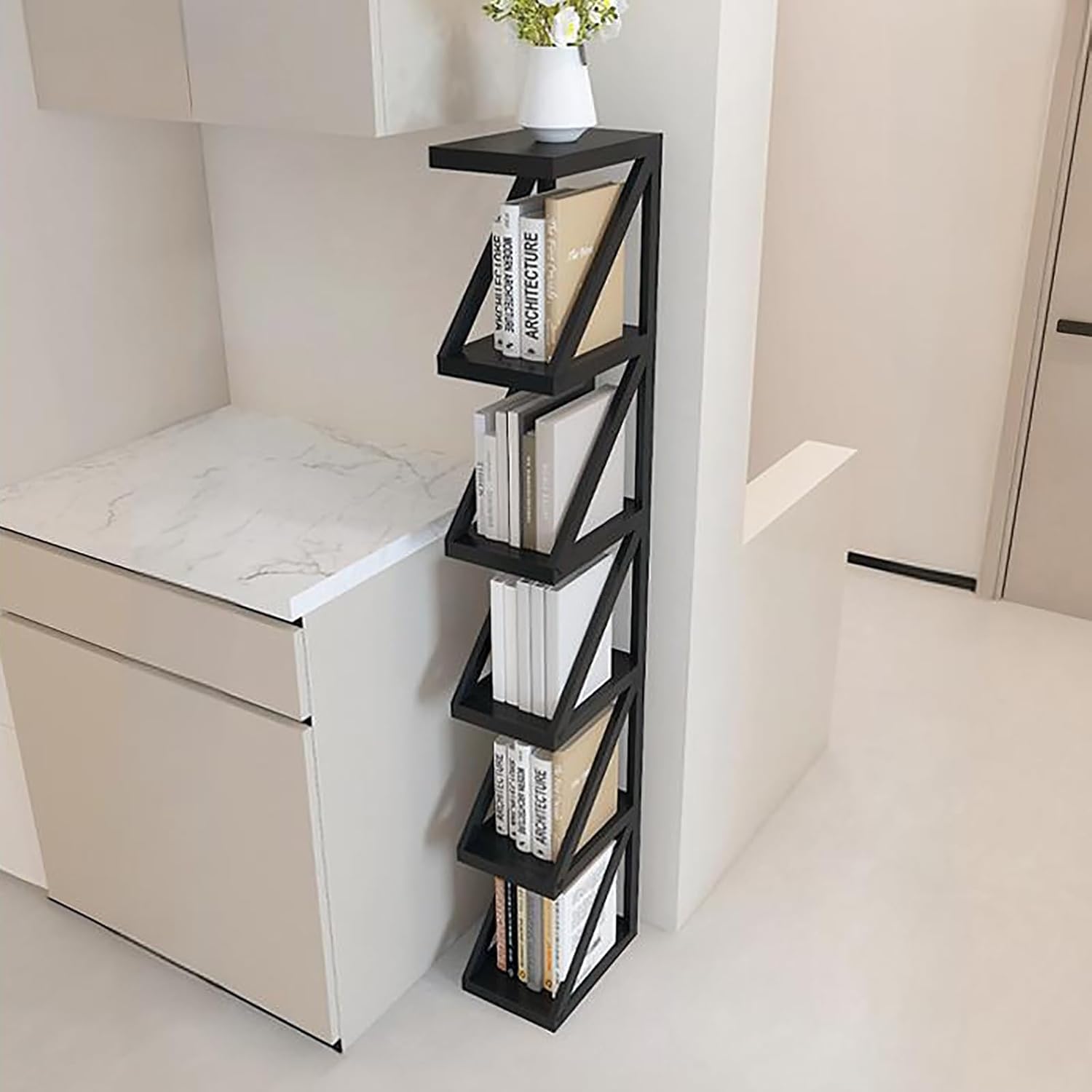Vertical Bookshelf, 4/5-Tier Bookcase, Narrow Spine Book Shelf for Small Space, Corner Standing Shelf for Living Room, Office, Study, Entryway(Black,159cm/62.6in)