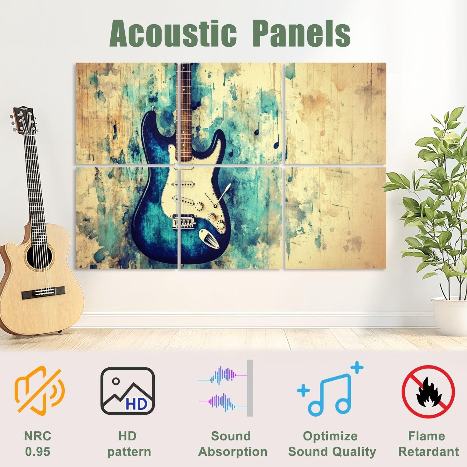 6 Pack Art Acoustic Panels Sound Absorbing Modern Blue Guitar Musical Themed Electric Hues Paint Splatter Notes Decorative Soundproof Wall Panels Self Adhesive for Recording Studios Office 72