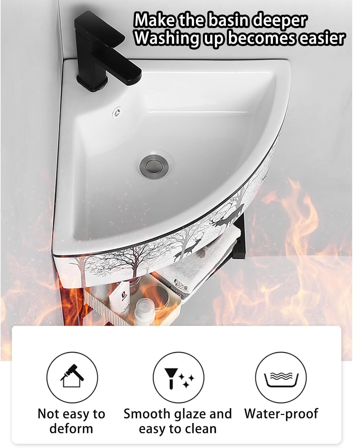 Wall Mount Corner Ceramic Sink Corner Bathroom Vanity Bathroom Sinks with Storage Container Modern Bathroom Storage Cabinet for Small Space Bathroom Cabinet with Faucet and Drain(B)