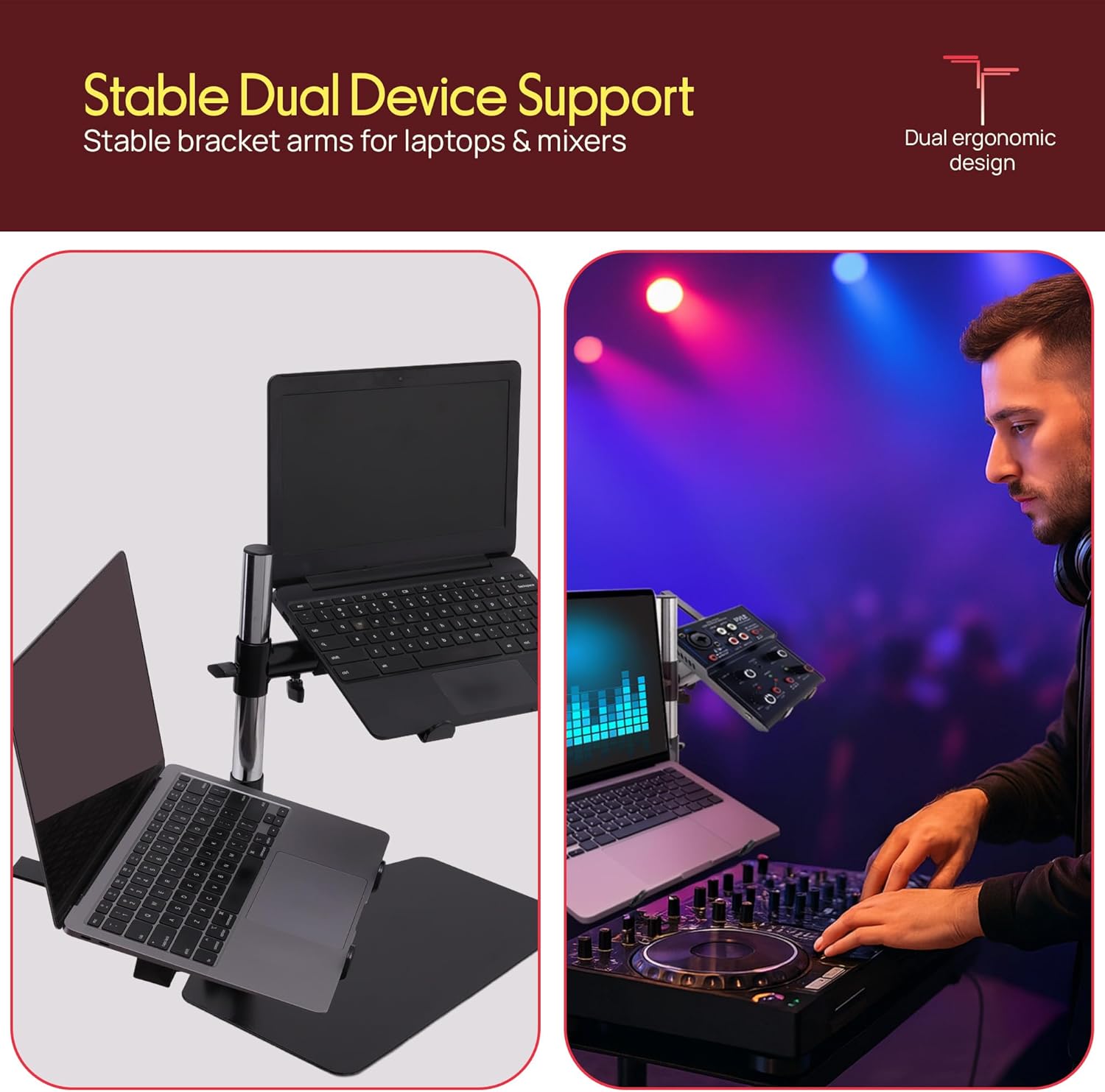 Pyle Portable Dual Laptop Stand – Standing Table Holder with Bracket Arms,Adjustable Height,Ergonomic Design, 360° Swivel for DJ Mixer,Sound Equipment,Workstation,Gaming & Home Use with Tilt Function