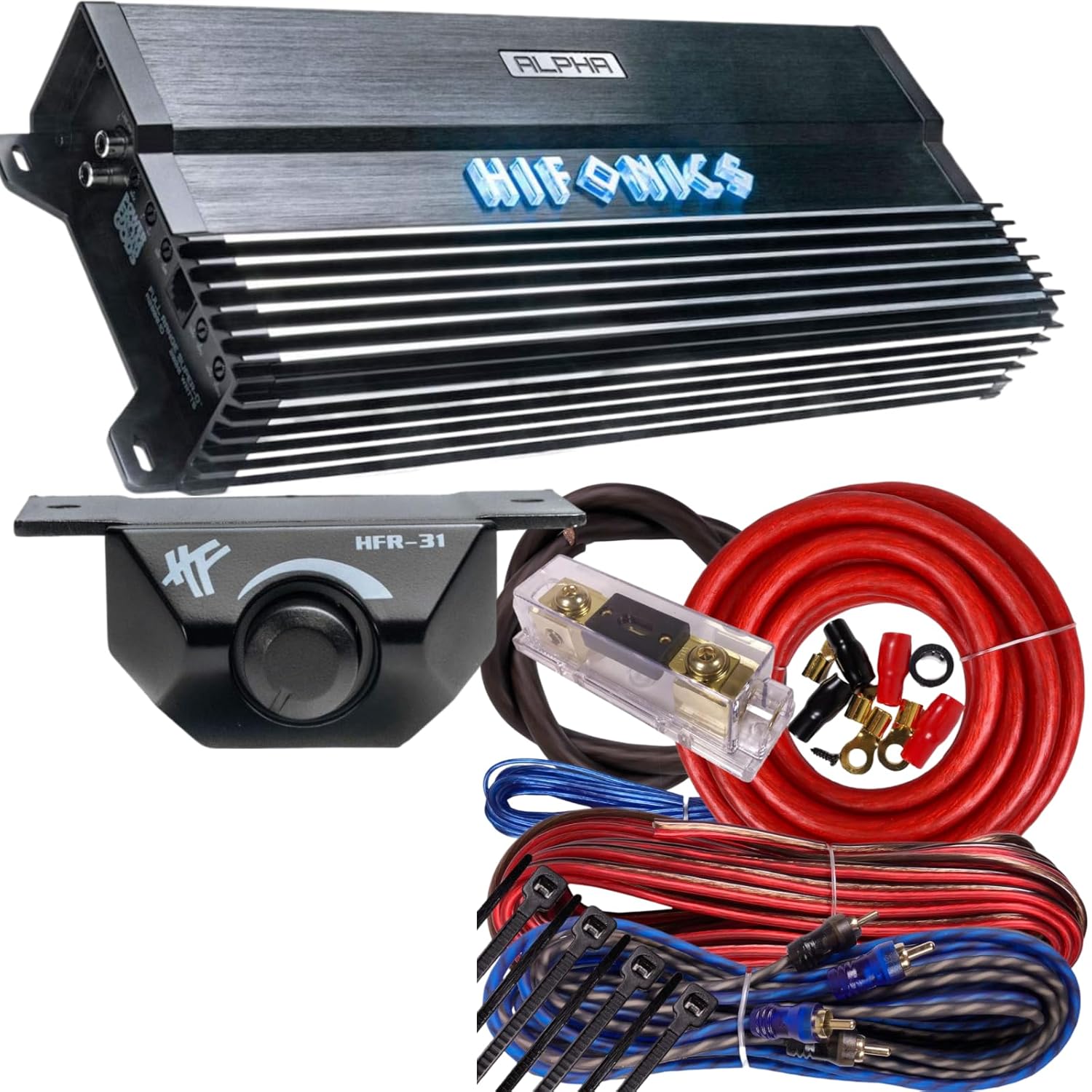 Hifonics Alpha A2000.1D 2000W Super D-Class Monoblock Car Amplifier with O Gauge Amp Kit and Bass Knob, Compact Design for Subwoofers