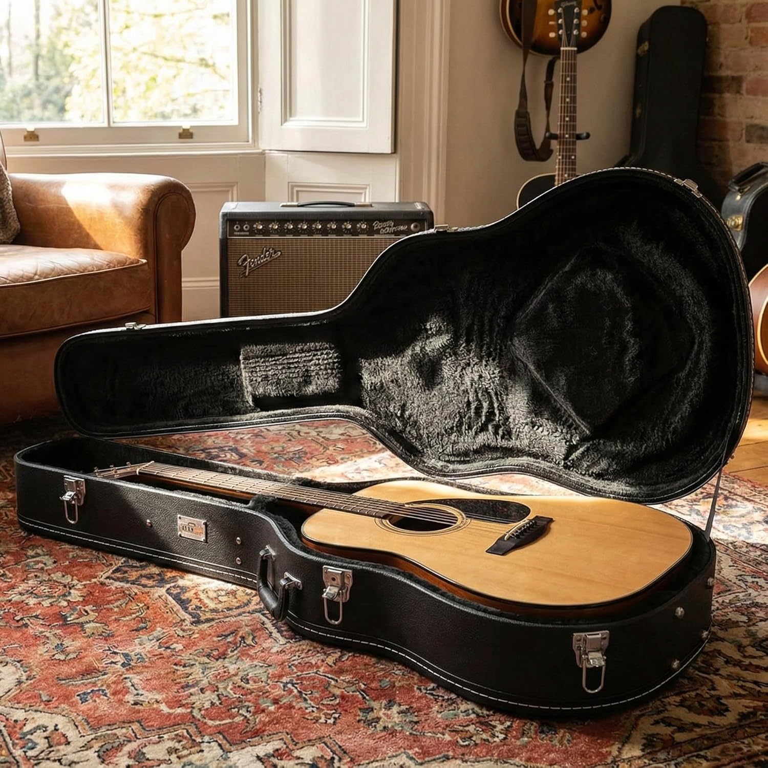 Gearlux Dreadnought Acoustic Guitar Hardshell Case with Accessory Compartment - Black