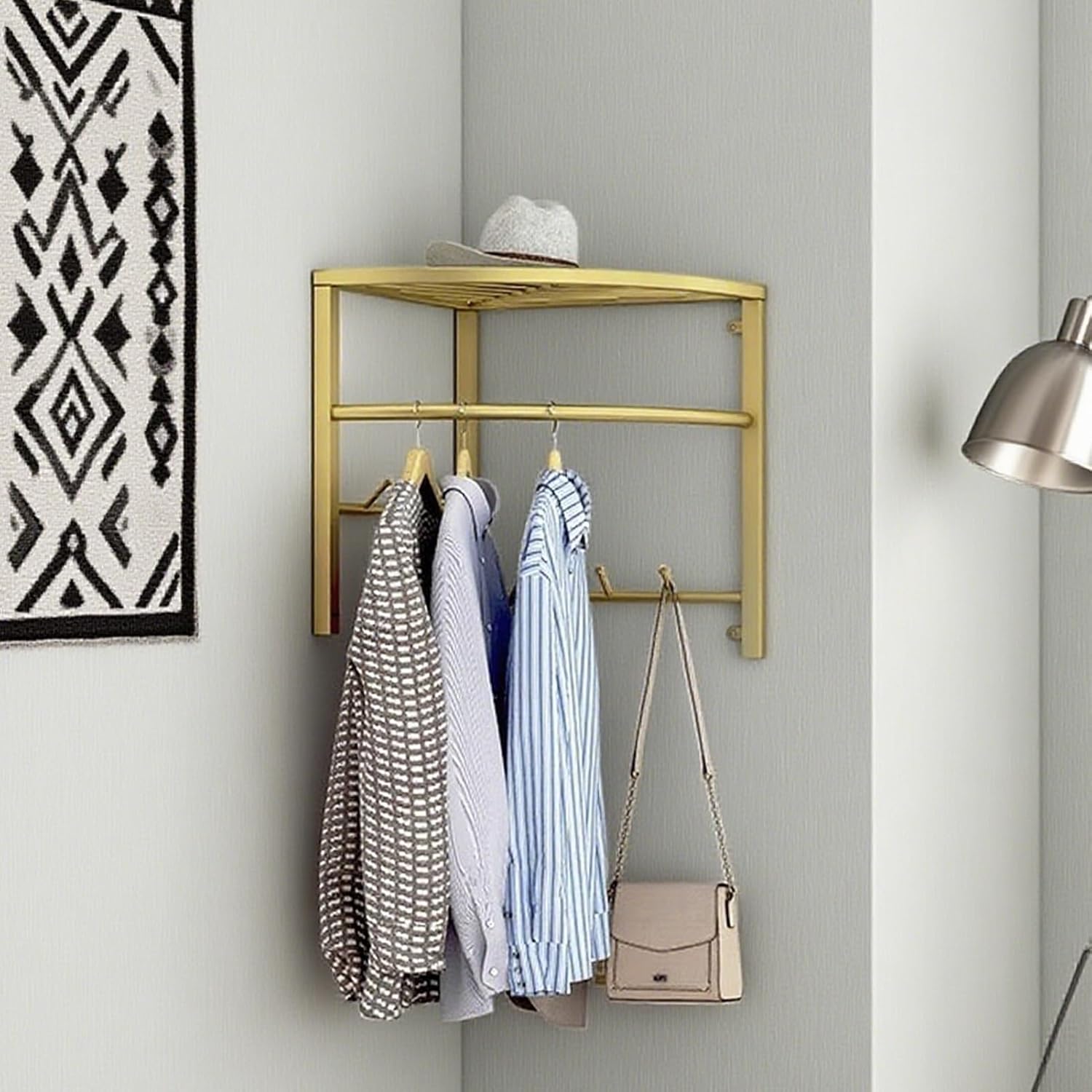 Gold Corner Hanging Clothes Rack with Storage, Laundry Room Wall Shelf Clothes Hanger, Heavy Duty Closet Rod Pole, Corner Coat Rack Hanging Bar