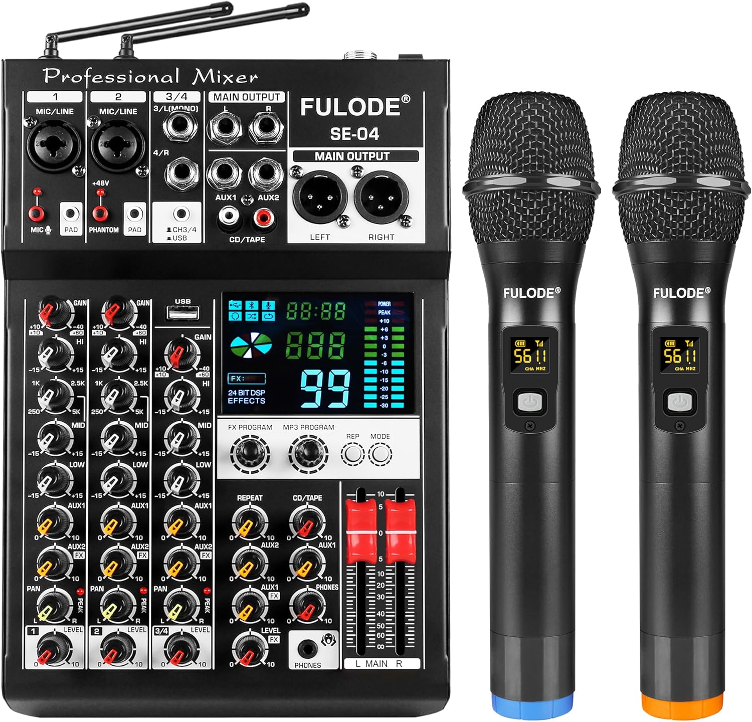 Audio Mixer, 4 Channel Sound Mixing Board With Dual Wireless Microphone & 99DSP, Professional DJ Console W/ MP3 Bluetooth 48V Phantom Power PAD USB Interface for Recording Home Karaoke Live Streaming