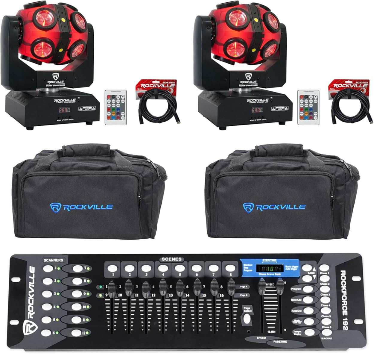(2) Rockville Party Spinner LED Moving Head DJ Lights+DMX Controller+Bags+Cables