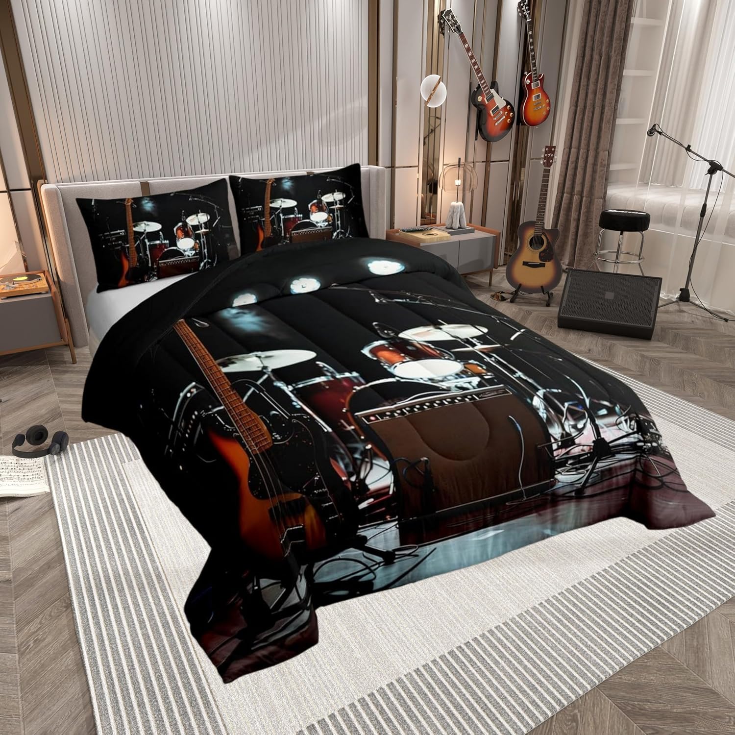 Retro Drum Kit King Bedding Set for Kids,Pop Music Comforter Bed Set Boys Men Bedroom Decor,Boys Girls Rock Music Themed Quilt Set for Child Bedroom 3 PCS,Musical Duvet Insert,2 Pillow Cases