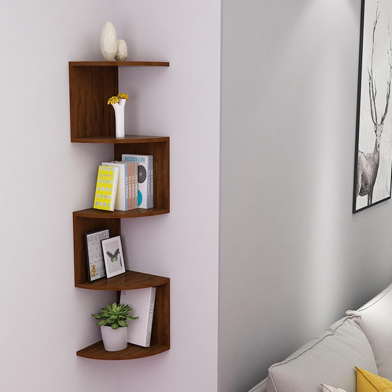 5-Tier Floating Bookshelf, Corner Shelf Wall Mount, Plant Shelf for Bedroom, Living Room, Bathroom, Home, Office, Fit 90-Degree Wall Corners (Brown 5 Tier)