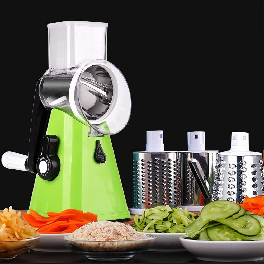 Cheese Grater Vegetable Slicer 3 in 1 - Fruit Cutter Machine Rotating Drum with 3 Stainless Steel Revolving Blades (Green)