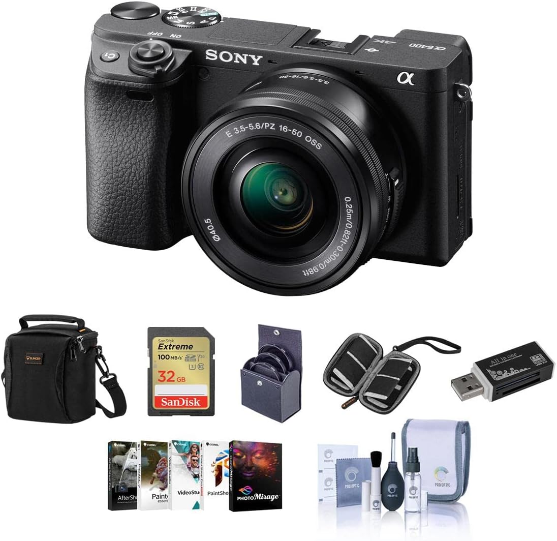 Sony Alpha a6400 Mirrorless Digital Camera With 16-50mm Lens - Bundle With Shoulder Bag, 32GB SD Card, Cleaning Kit, Card Reader, SD Card Case, Corel PC Software, 40.5mm Filter Kit