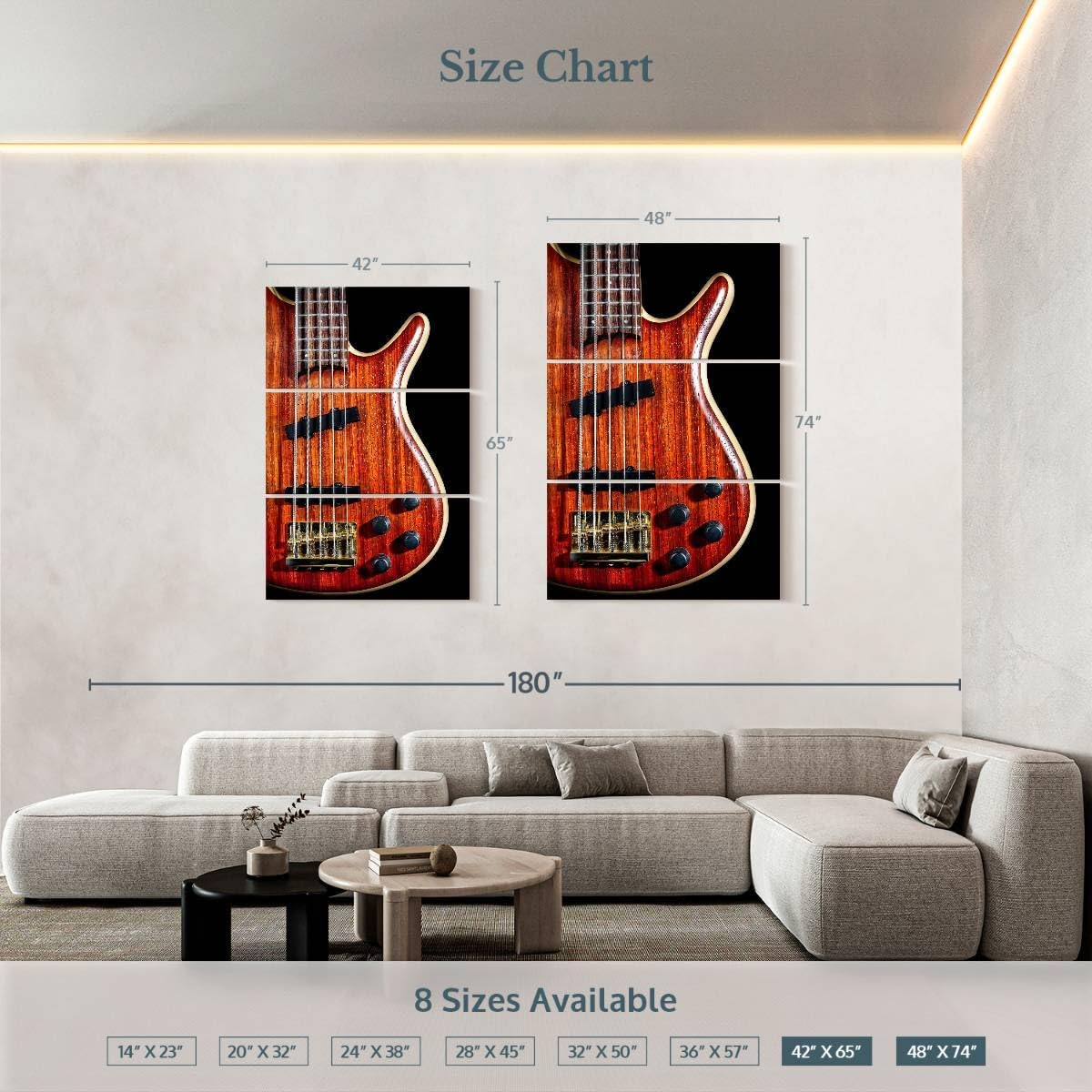 ElephantStock - Wooden Bass Guitar Wall Art - Vertical Multi Panel Canvas - 3 Piece Living Room Wall Decor - Photography Music Multi Piece Wall Art - Red And Black Decor - 48