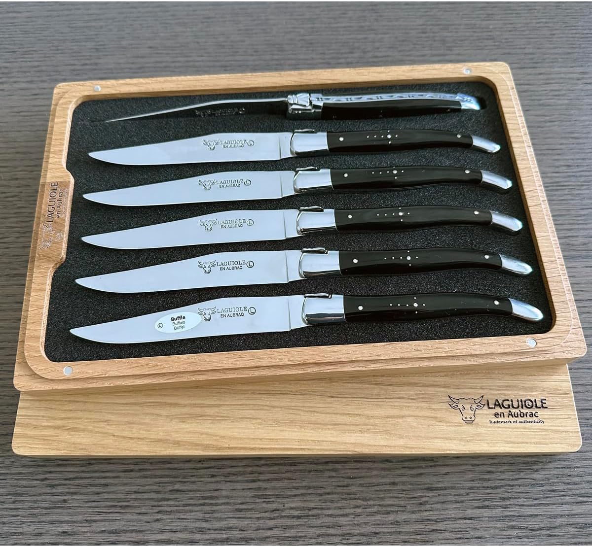 Laguiole en Aubrac Luxury Fully Forged Full Tang Stainless Steel Steak Knives 6-Piece Set with Buffalo Horn Handle, Stainless Steel Polished Bolsters, Made In France