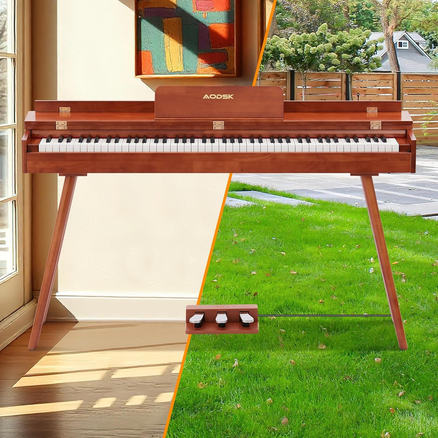 AODSK Digital Piano 88 Key Full Size Weighted Keyboard Solid Wood Frame + Solid Wood Brown piano Bench