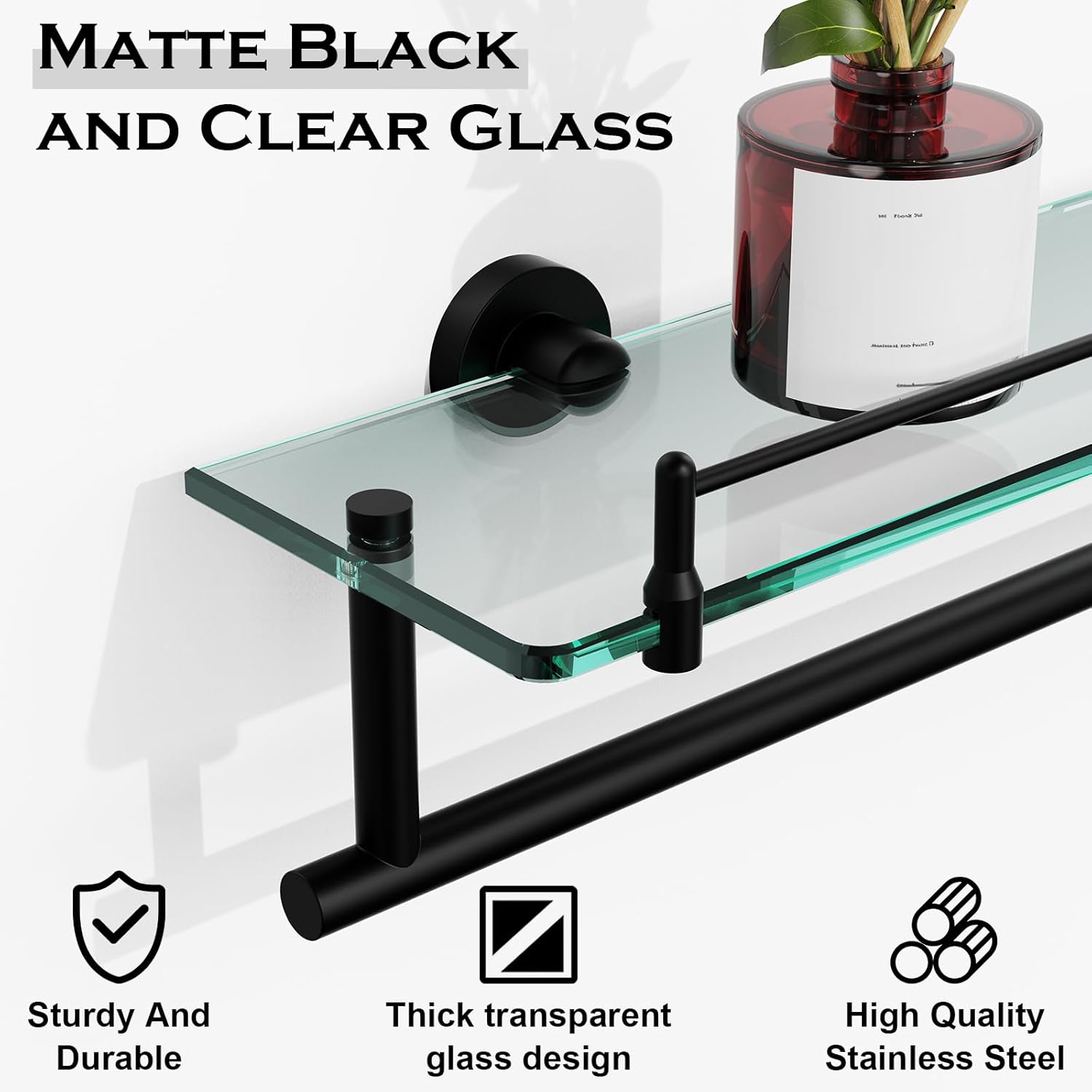 Bathroom Shelf Glass Shelf 2 Pack,24-Inches Floating Glass Shelves Towel Bar/Track(Matte Black)