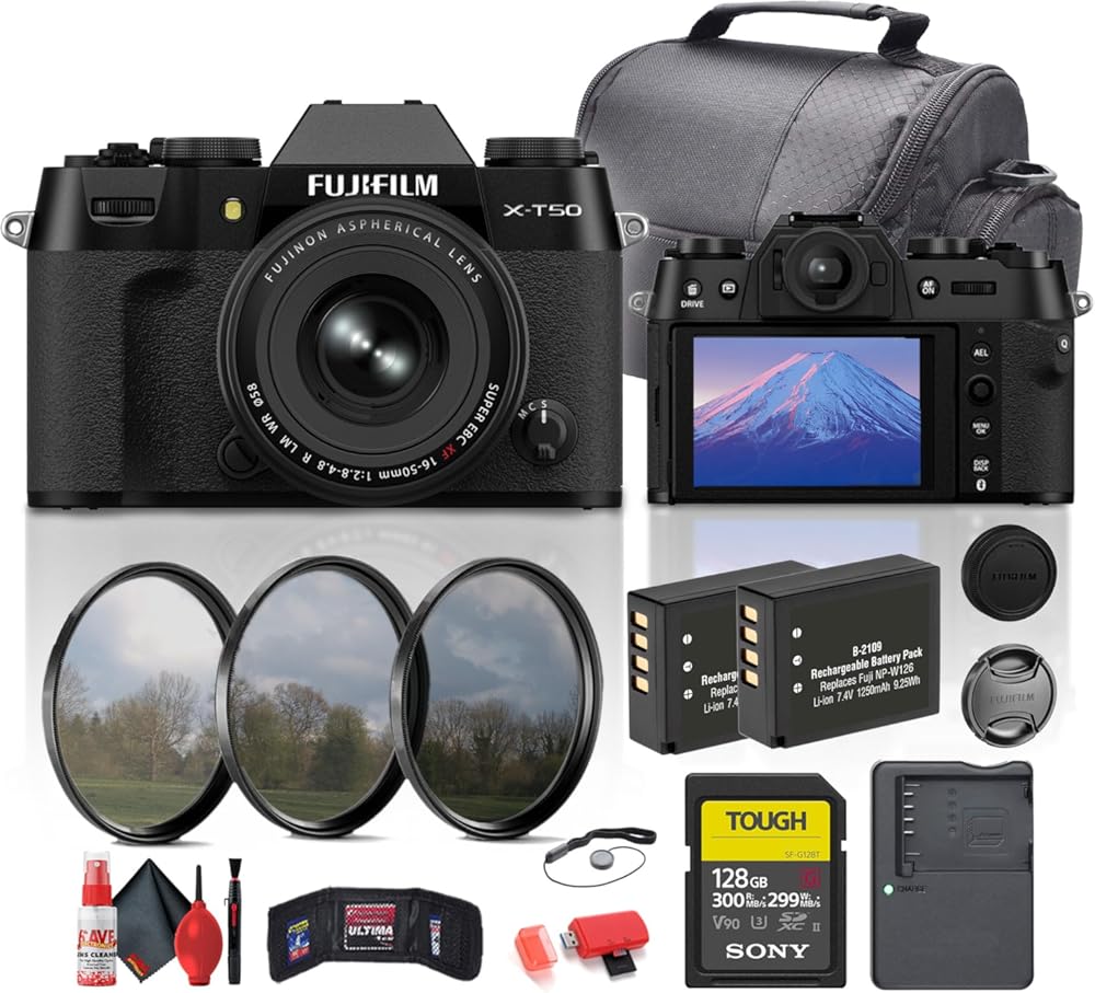 Fujifilm X-T50 with XF 16-50mm Lens in Black (16828507) Bundle Including: 128 GB Memory Card, 2X Rechargeable Battery, Battery Charger, Filter Kit, Camera Case, Card Reader, Full Cleaning Kit