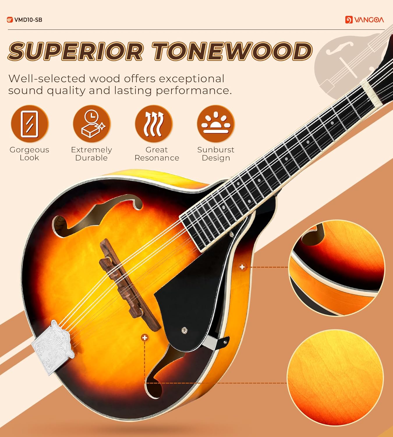 Vangoa Mandolin Musical Instrument A Style, Acoustic Mandolin Instrument Kit Italian 8 String for Professional Beginners Adults Teens Youth Kids, Sunburst, Glossy