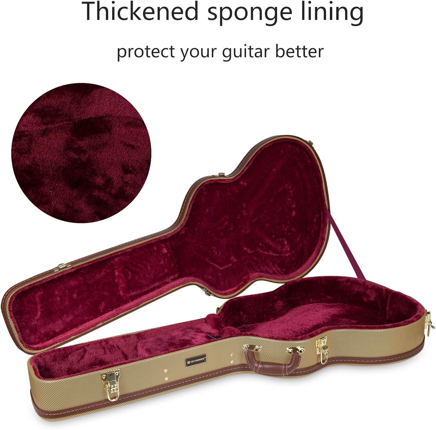 Crossrock Wooden Guitar Case Fits 335 Style 6-String Semi-Hollow Electric Guitars- Stainless Steel Latches, Sponge Lining, Metal Feet, Storage Space-Vinyl Tweed (CRW620SATW)