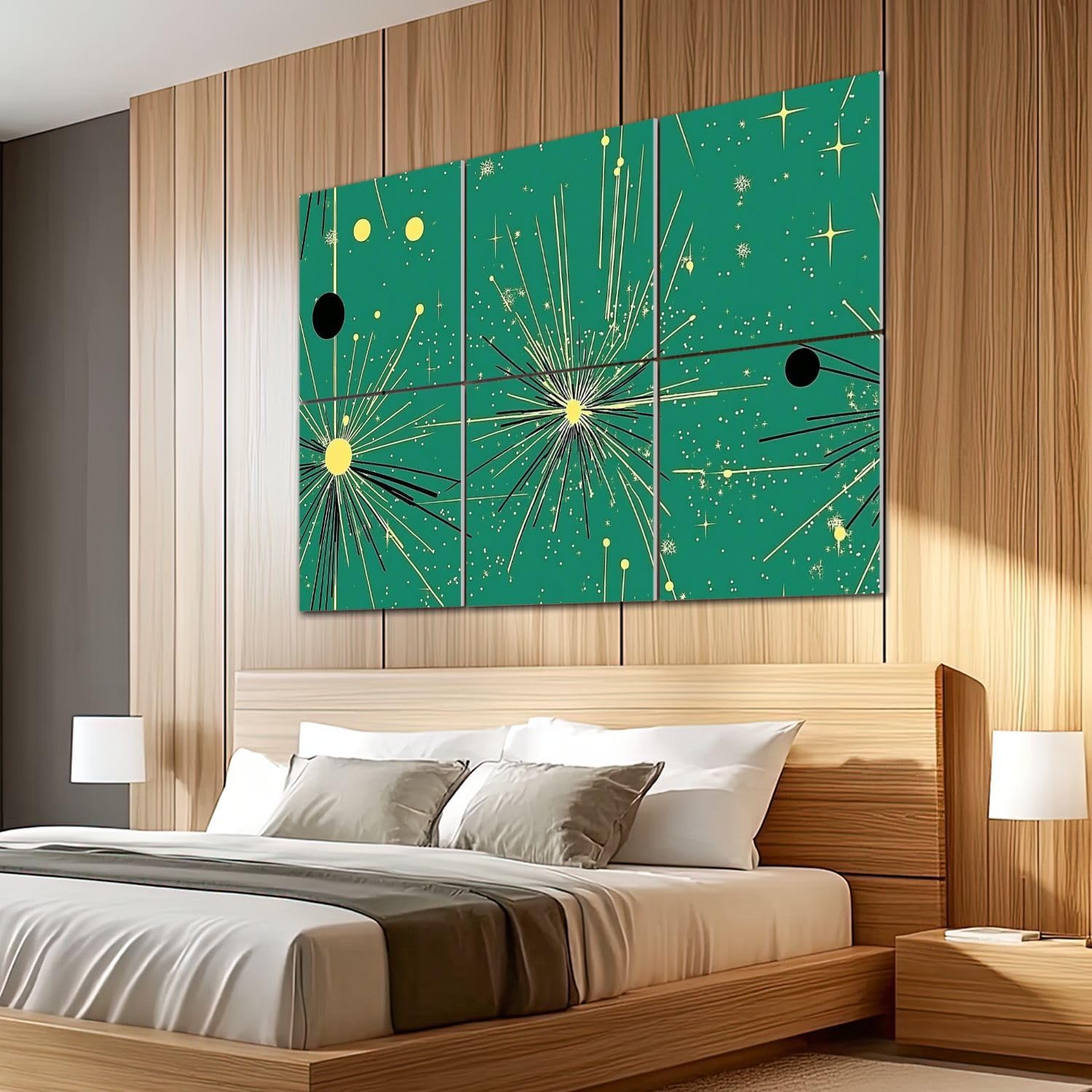 6 Pack Art Acoustic Panels Sound Absorbing Seamless Mid Century Modern Green Black Blue Fireworks Stars Circular Decorative Soundproof Wall Panels Self Adhesive for Recording Studios Office 72