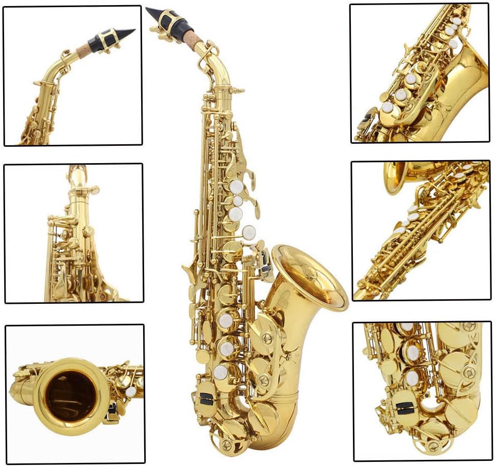 Soprano Saxophone, Bb Bend Althorn Soprano Sax Wind Instruments with Case Gloves Cleaning Cloth Belt (Gold)