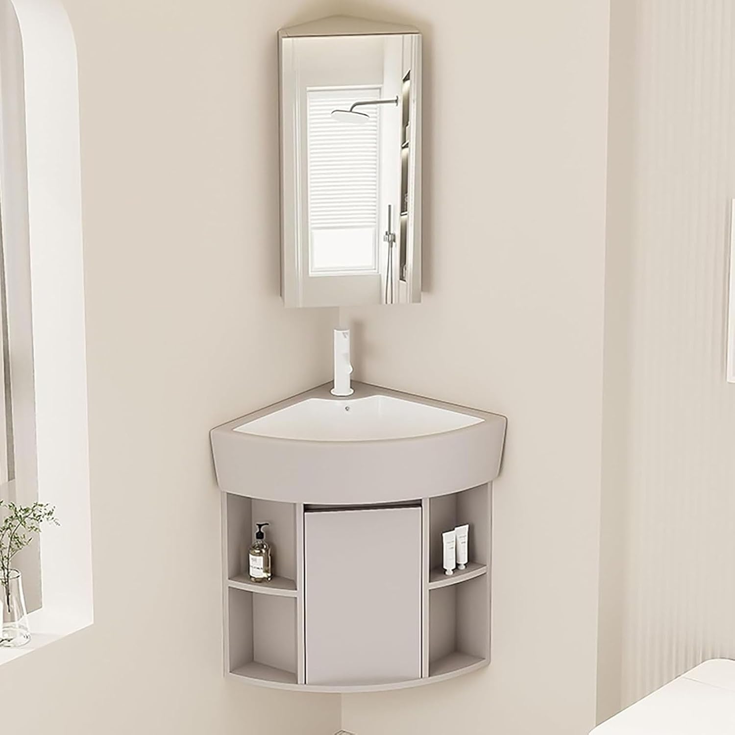 Wall Mount Corner Bathroom Sink,Corner Balcony Sink With Storage,Container Triangle Ceramic Wall Mount Sink with Storage Space, Corner Vanity for Small Space(19in/48cm)