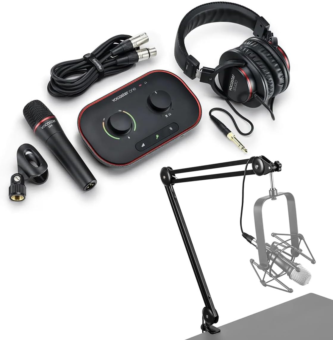 Focusrite Vocaster One Studio Essential Podcasting Kit with Vocaster DM1 Microphone and HP60v Headphones, Bundle with H&A Broadcast Arm