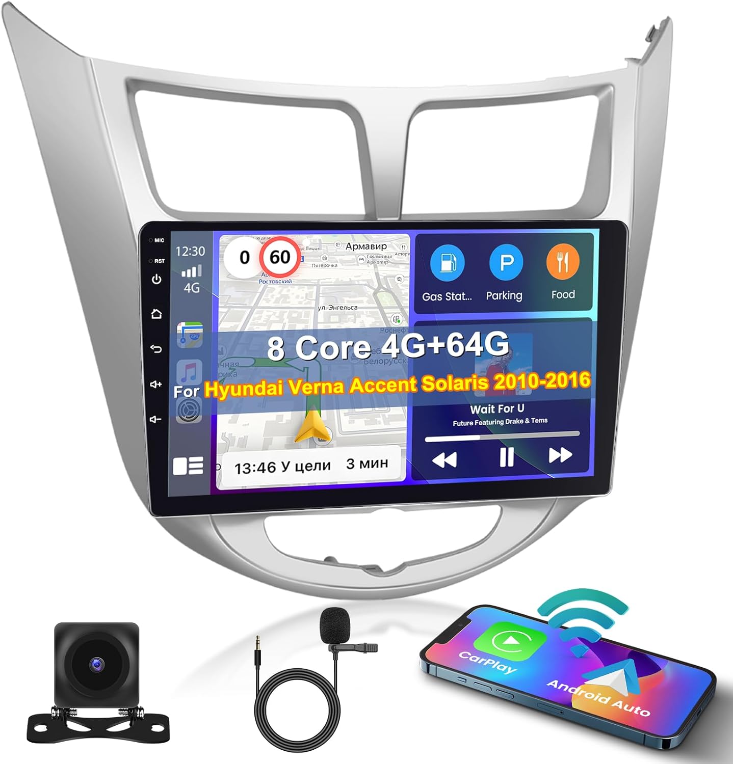 [8 Core 4+64G] Car Stereo for Hyundai Verna Accent Solaris 2010 2011 2012 2013 2014 2015 2016 with Wireless Carplay Android Auto, 9