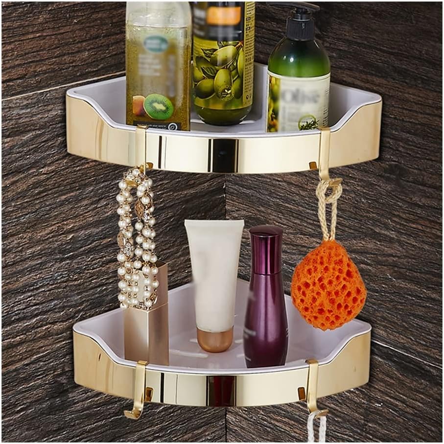 Gold Stainless Steel Corner Shower Caddy - Wall-Mount Triangle Storage Rack for Bathroom, Kitchen & Cosmetics - Brushed Nickel Finish, Durable ABS Plastic, Draining Design, Stylish Shelves(Gold Double