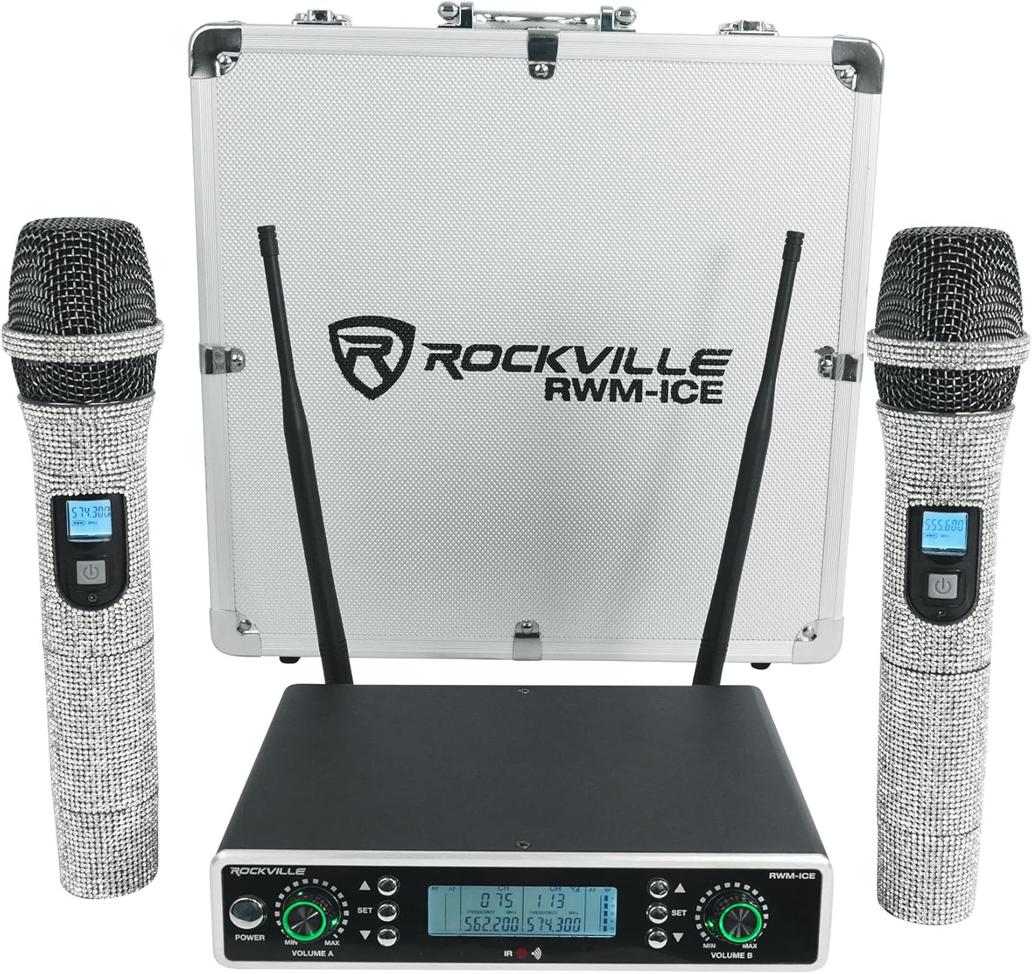 Rockville RWM-ICE Dual UHF 100 Channel, Diamond Handheld Wireless Microphone System, Long-Range 400ft, High-Fidelity Sound, Durable Metal Build, for Performers and Event Hosts