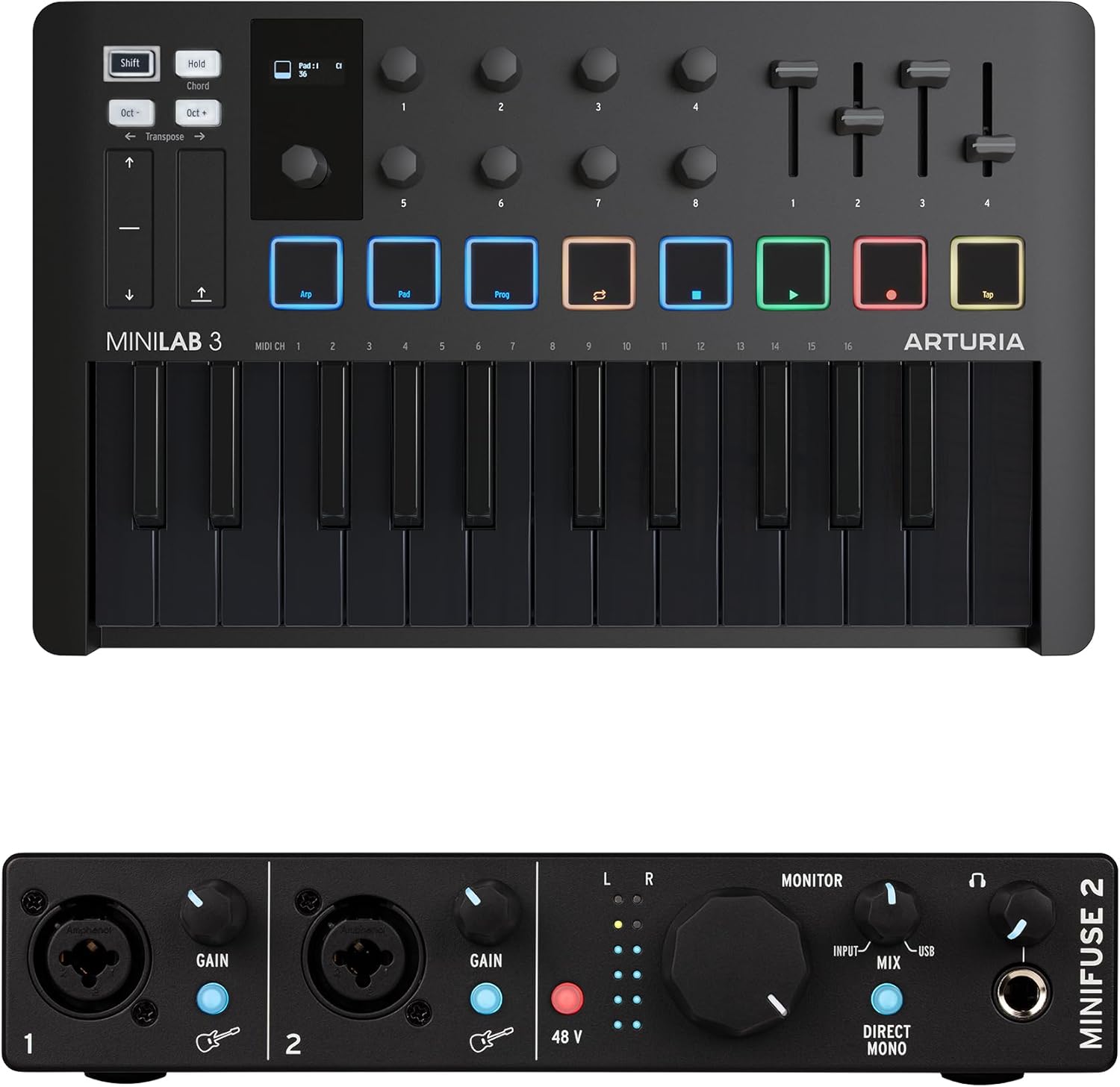 Arturia MiniLab 3 MIDI Controller & MiniFuse 2 Audio Interface Bundle - Deep Black/Black
