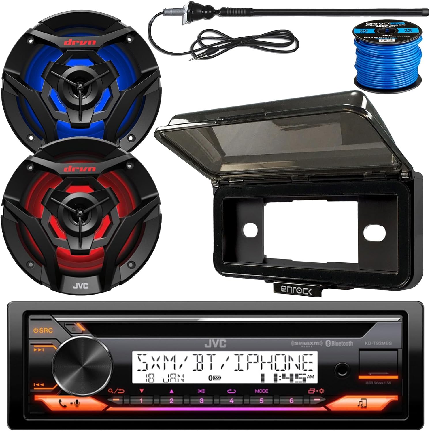 Single DIN Marine Bluetooth USB AUX AM/FM Radio CD Player Receiver Bundle Combo with 2x 6.5