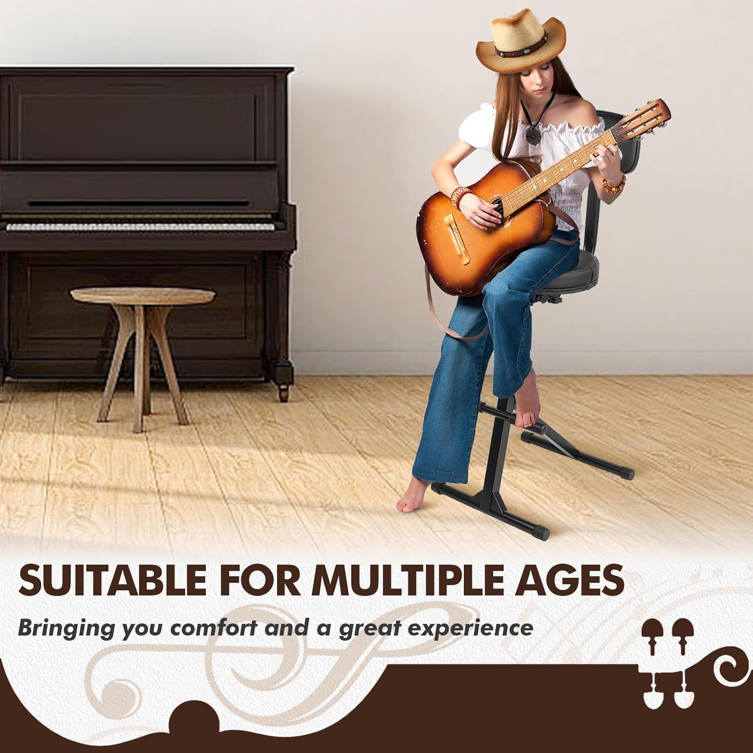 Guitar Stool with Back Support, Height Adjustable Professional Seat with Hanger, Musician Stool Guitarist Throne Guitar Chair, Black