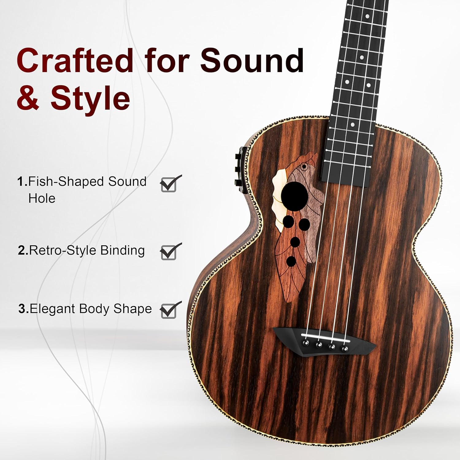 Caramel Ebony Wood Baritone Ukulele 30inch Wood LCD Color Display Electric Ukelele Kit Hawaiian Beginner Guitar Starter Pack Bundle Gig bag, Strap, Strings Set