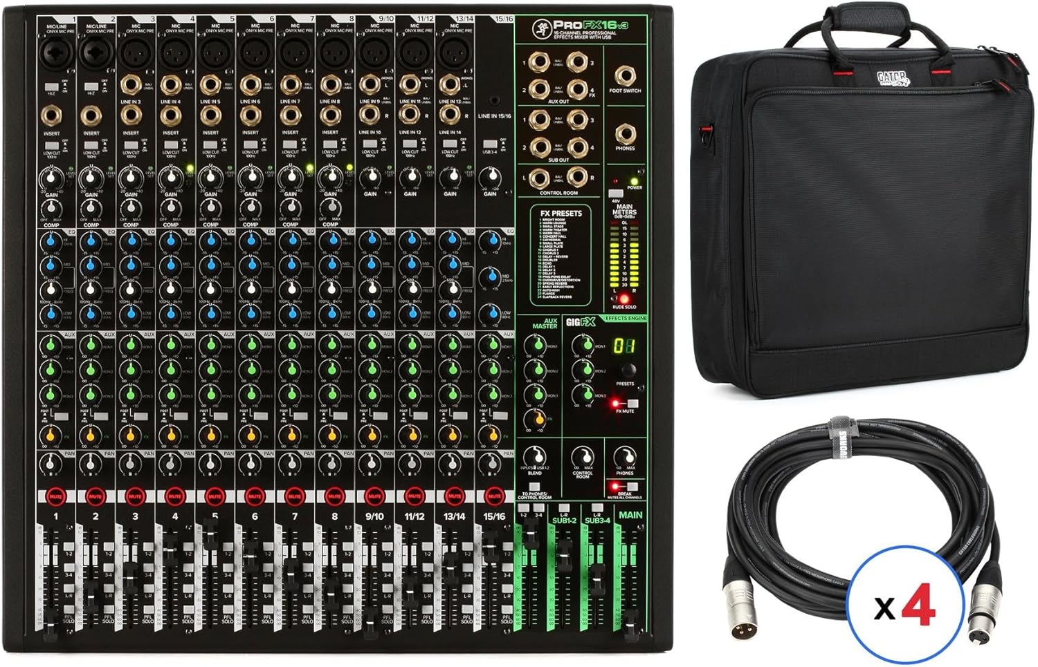 Mackie ProFX16v3 16-Channel Professional Mixer with Effects, USB Interface, GigFX Engine, Built-In Compression, 7-Band Graphic EQ, Included Carry Bag, and XLR Cables for Live Sound and Recording